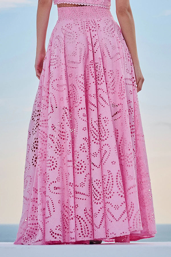 Ensemble deux pièces avec broderies et jupe longue taille haute avec poches