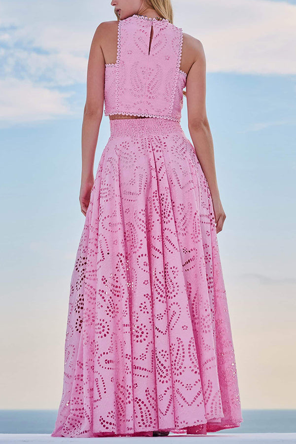 Ensemble deux pièces avec broderies et jupe longue taille haute avec poches